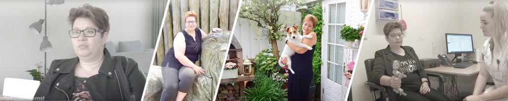 Een vrouw zit binnen, buiten op een bankje, staat in de tuin met een hond en bezoekt een zorgprofessional voor afslankadvies.