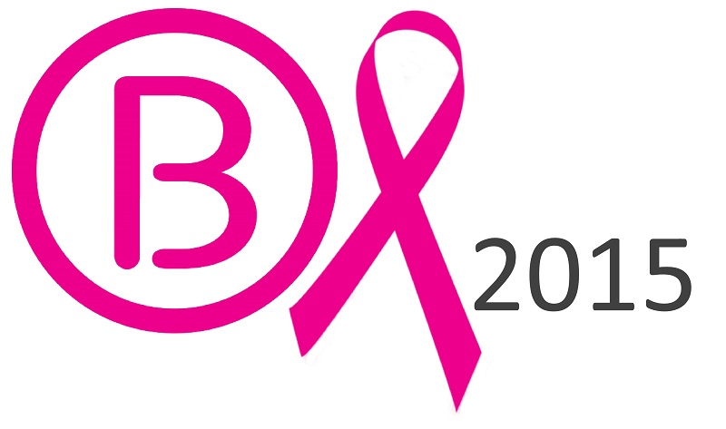 Roze copyrightsymbool, roze borstkankerzorg-lint en het jaartal 2015 in grijs op witte achtergrond.