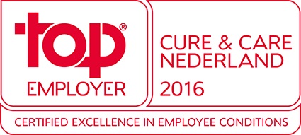 Rechthoekige badge met links "Top Employer 2016", rechts "Cure & Care Nederland 2016" en onderaan Santeon ziekenhuizen.
