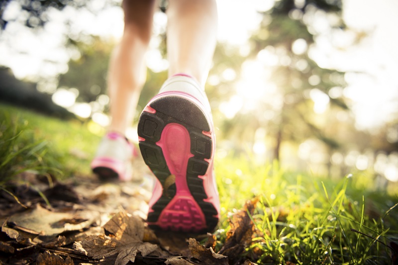 Close-up van benen en voeten die wandelen op een met bladeren bedekt pad, met zwarte en roze sportschoenen en zonlicht.