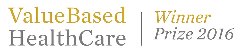 Value Based Health Care Winner Prize 2016 logo met goud-grijze tekst en vermelding van innovatief contract CZ en Catharina Ziekenhuis.
