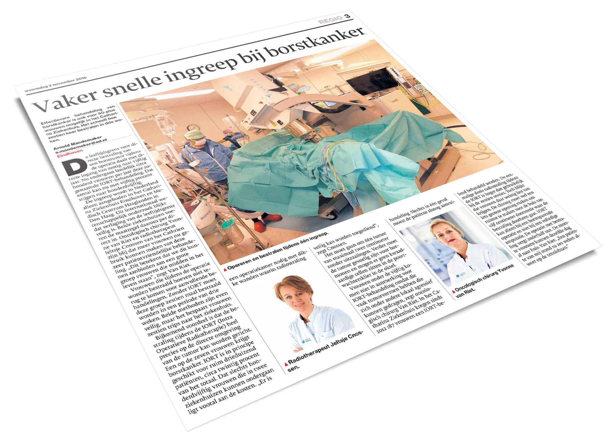 Artikel met foto van borstkankeroperatie en portretten van twee vrouwelijke artsen van boven de 50, plus tekst over chirurgie.
