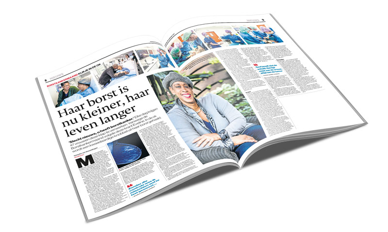 Open tijdschrift met borstkankerartikel, kop: Haar borst is nu kleiner, haar leven langer; foto van lachende vrouw met hoofddoek.