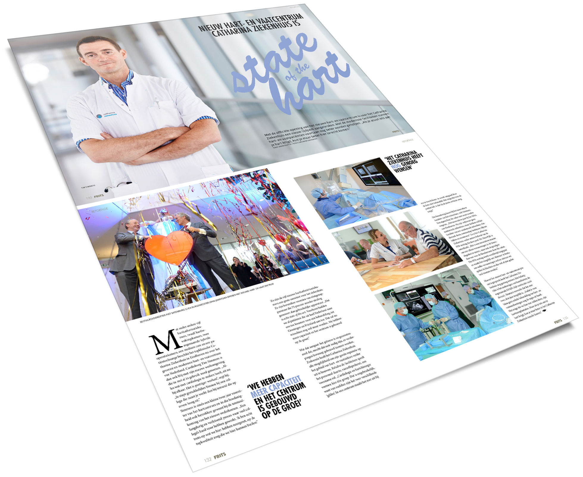 Tijdschriftpagina met man in witte jas (Catharina Hart- en vaatcentrum), kop "state of the heart" en foto's van een evenement.