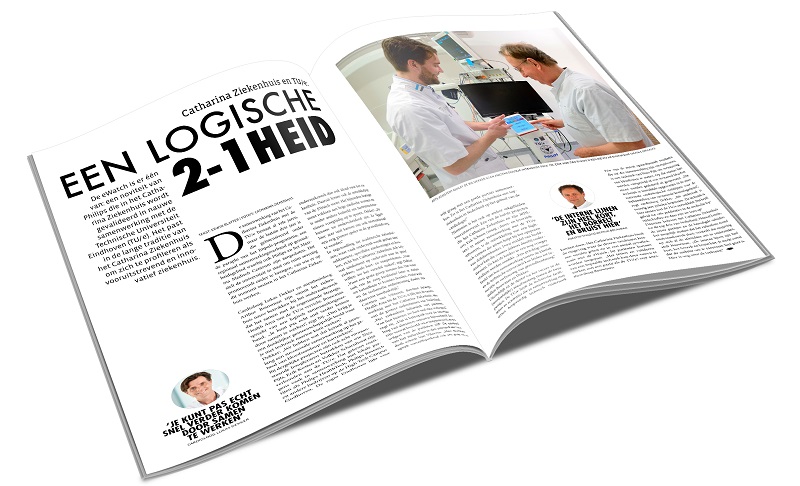 Open tijdschrift met artikel "Een Logische 2-1heid", foto van twee mannen in Catharina Ziekenhuis, en klein portret bij citaat.