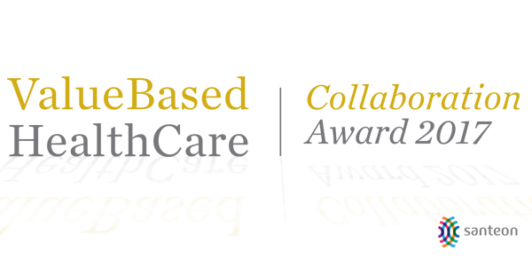 Grafiek met tekst "Value Based Health Care Collaboration Award 2017" en Santeon-logo rechtsonder, op witte achtergrond.