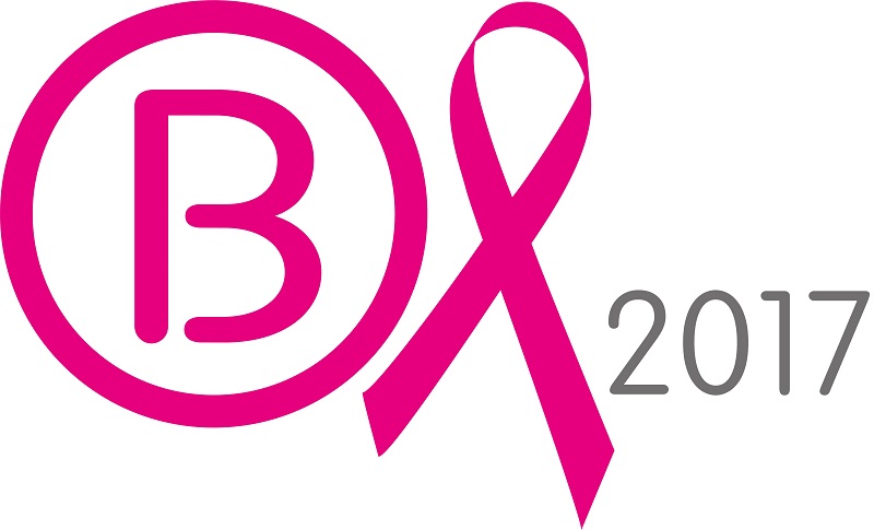 Roze symbool met een B naast een roze lintje voor borstkanker; rechts staat 2017 in grijs.