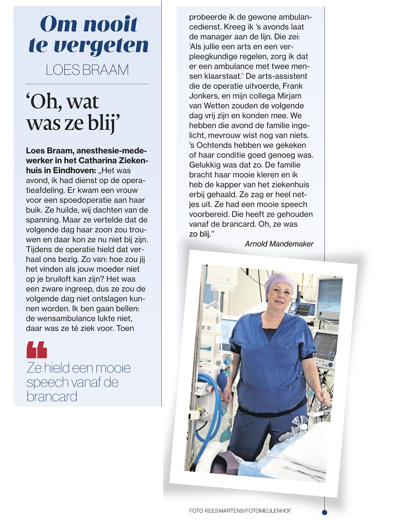 Tijdschriftpagina met Loes Braam, anesthesie-assistent, foto in scrubs bij brancard, tekstkolommen en blauwe quote.