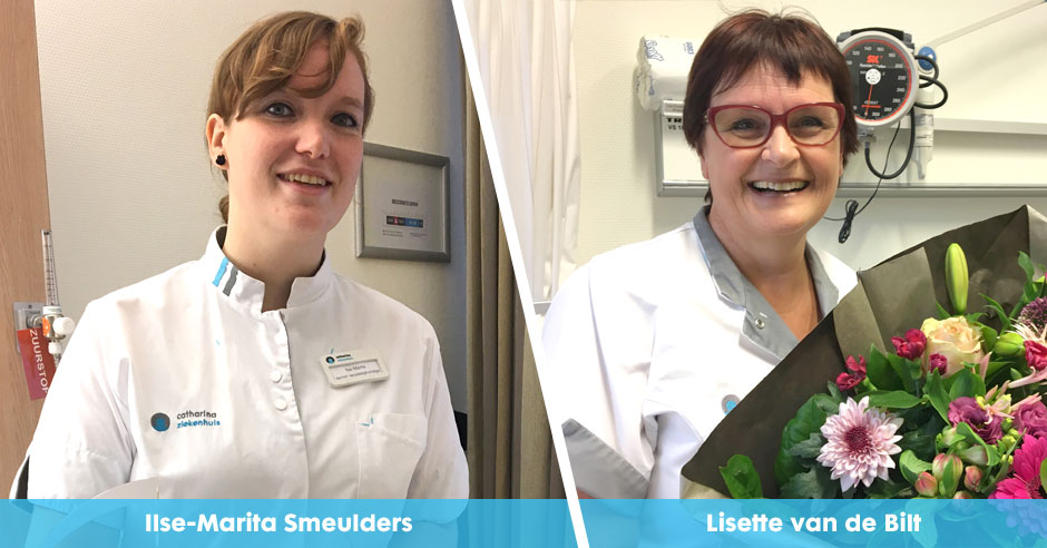 Twee vrouwen in zorguniformen bij Catharina Ziekenhuis, één met bloemen, beiden lachend en met naamkaartje.
