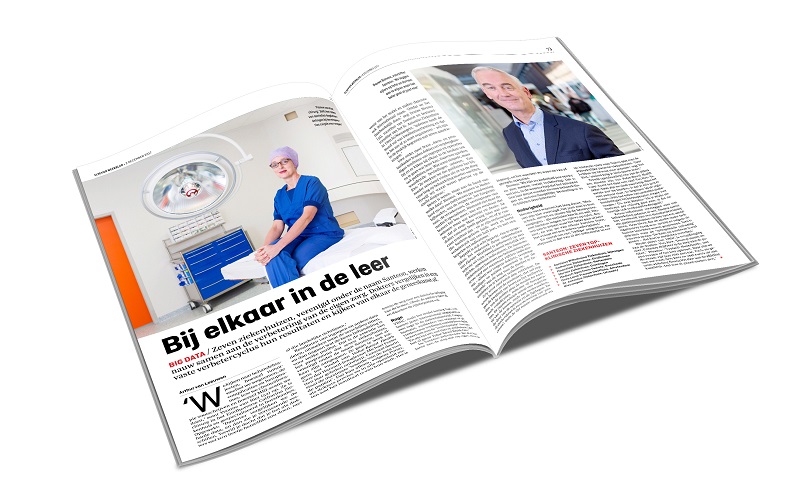 Open tijdschrift met een artikel in Elsevier Weekblad; links persoon in blauwe schort, rechts man in pak.