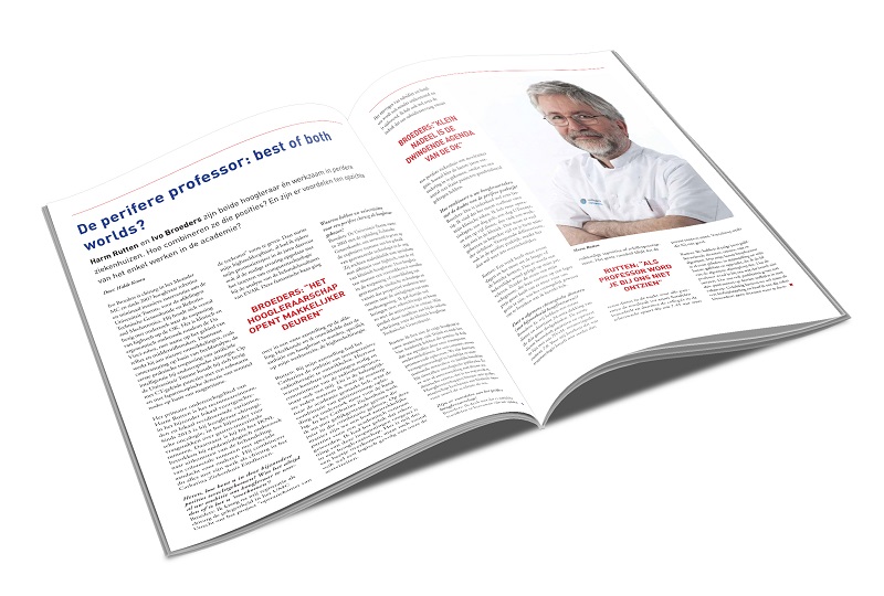 Een open tijdschrift met links Nederlands interview met rode en blauwe accenten, rechts een portretfoto van een perifere professor.