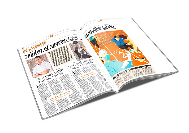 Een open tijdschrift toont links tekst, kop en portret van een man in pak, rechts een sportillustratie en tekst over overgewicht.