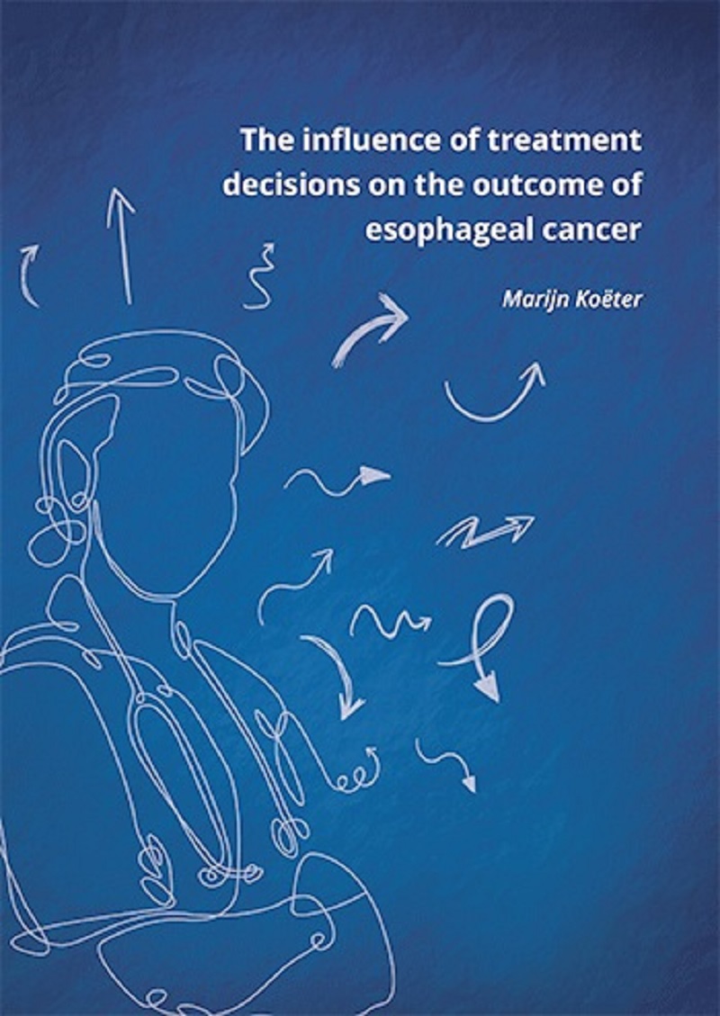Blauw boekomslag met titel "The influence of treatment decisions on the outcome of oesophageal cancer" en een artsillustratie.