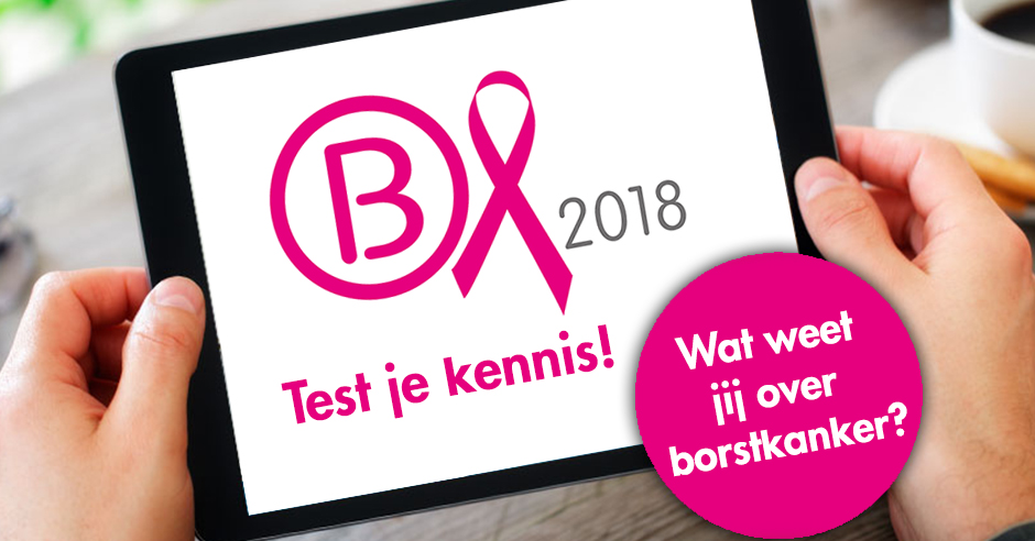 Persoon houdt tablet met borstkankercampagne, Roze Lintje, 'Test je kennis 2018' en 'Wat weet jij over borstkanker?'.
