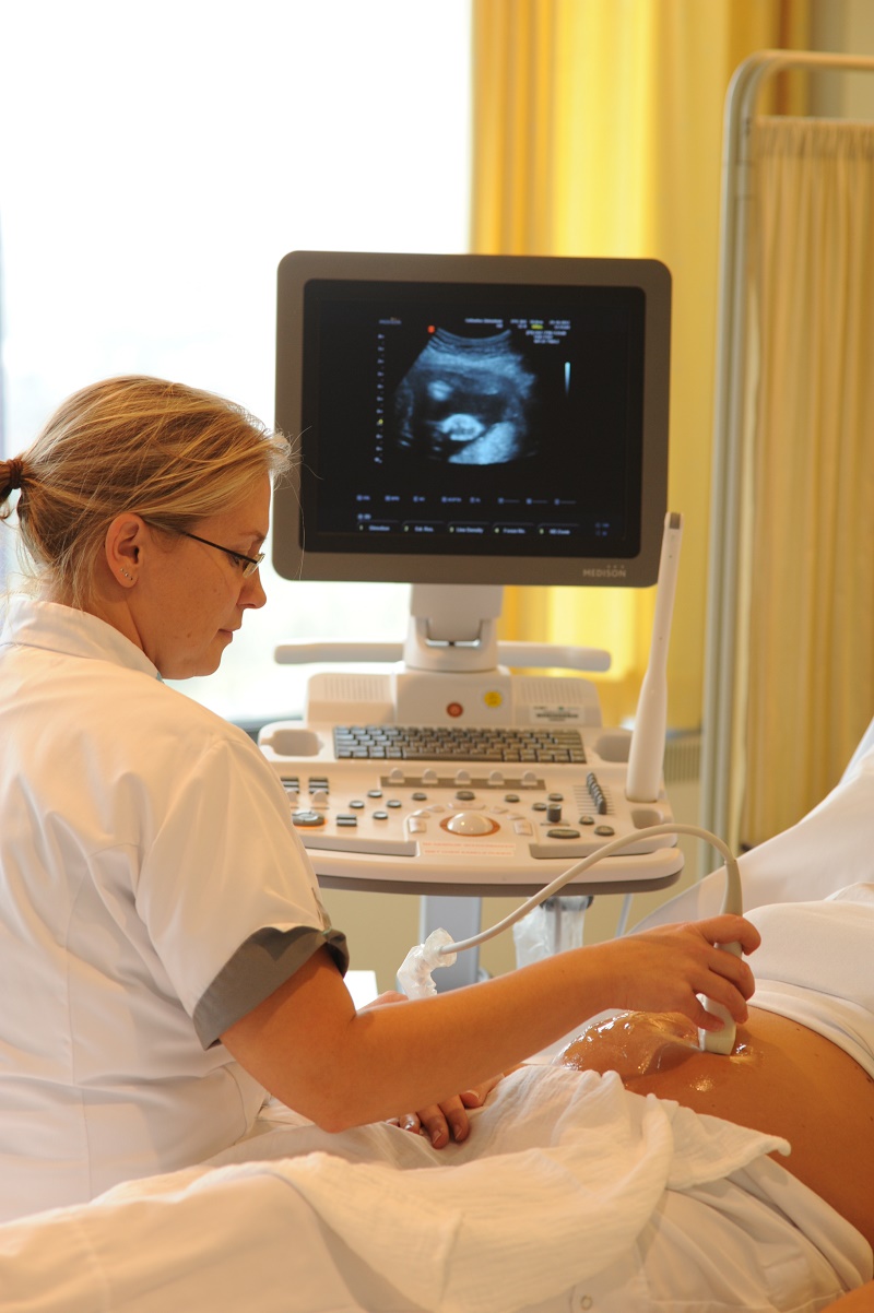 Een arts voert met een transducer een echoscopie uit van de baarmoeder om de diagnose te ondersteunen.