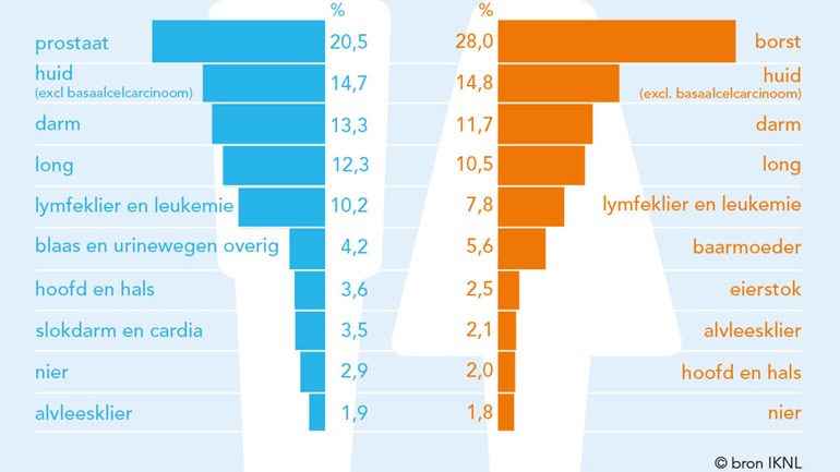Staafdiagram vergelijkt meest voorkomende kankersoorten bij mannen (prostaat) en vrouwen (borst), met gendericonen.