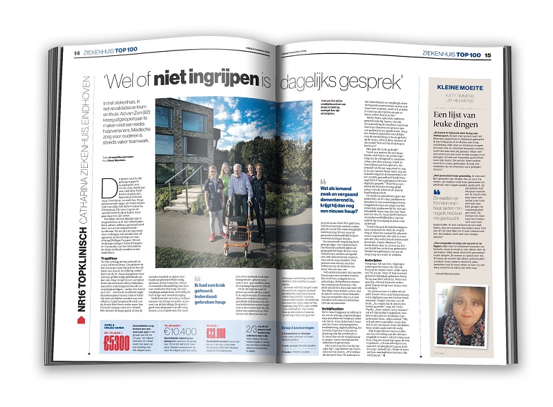 Tijdschriftspread met grote foto van vijf mensen, waaronder een patiënt met rollator, bij modern gebouw; Nederlandse tekst.