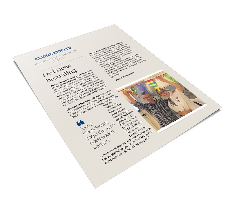 Tijdschriftpagina in het Nederlands met artikel 'De laatste bestraling' en foto's van drie lachende mensen onder slingers.