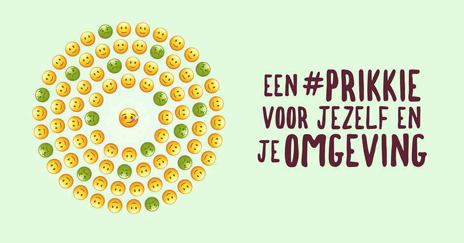 Gele lachende emoji's, enkele groene zieke gezichtjes, één knipogende emoji en de tekst 'Een prikkie voor jezelf en je omgeving' op lichtgroene achtergrond.