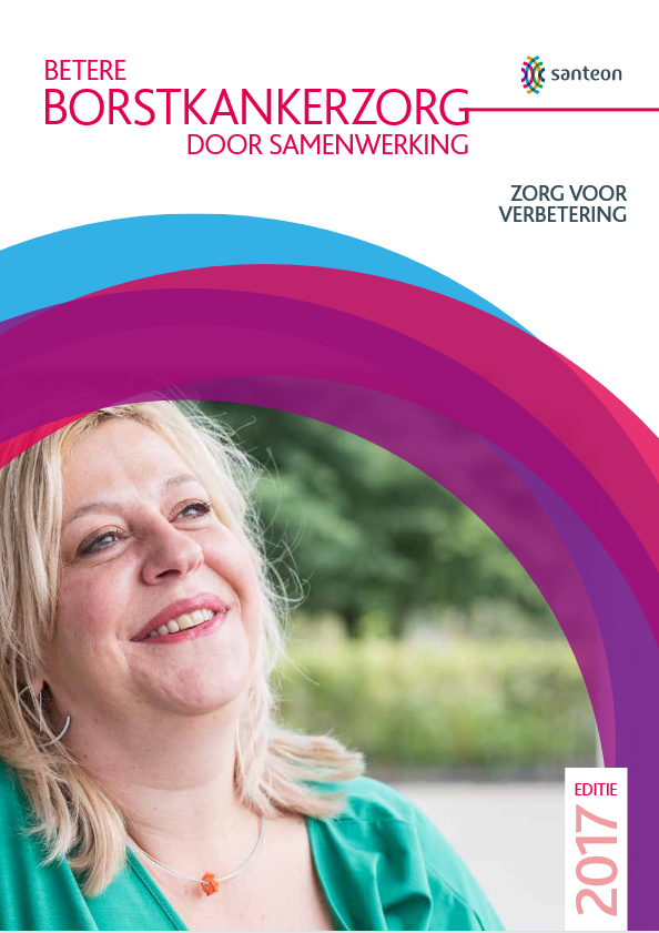 Omslag van Betere Borstkankerzorg door Samenwerking met lachende blonde vrouw, gekleurde lijnen en Santeon ziekenhuizen logo.