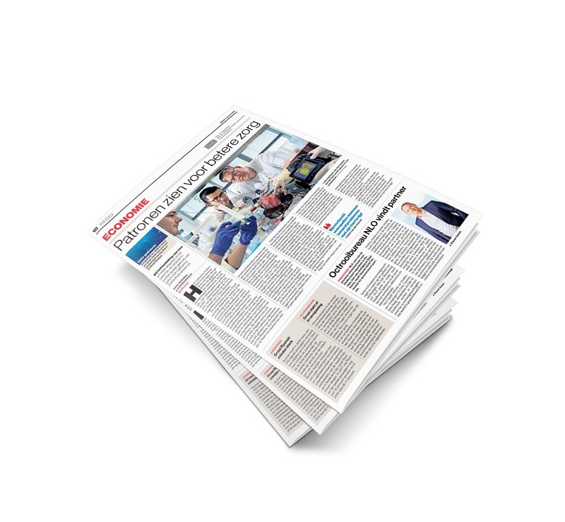 Een stapel kranten op een witte ondergrond, met op de bovenste krant foto's van een lab, een man en koppen over zorg en big data.