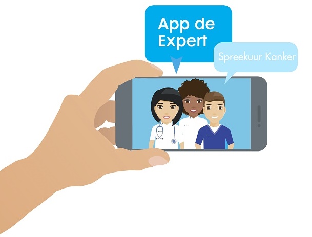Illustratie van hand met smartphone met drie medische professionals. Tekstballonnen tonen App de Expert en Spreekuur Kanker.