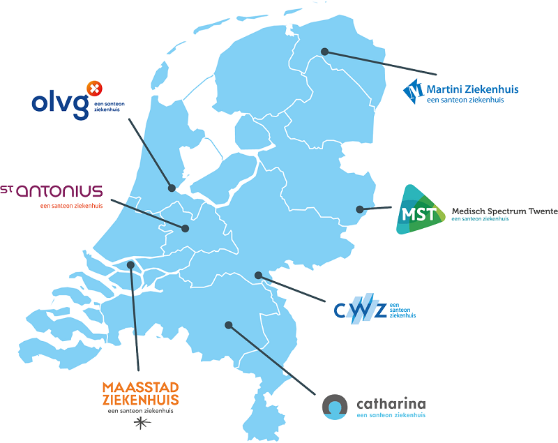 Kaart van Nederland met locaties en logo's van zeven ziekenhuizen: OLVG, St. Antonius, Maasstad, Catharina, Martini, MST en CWZ.