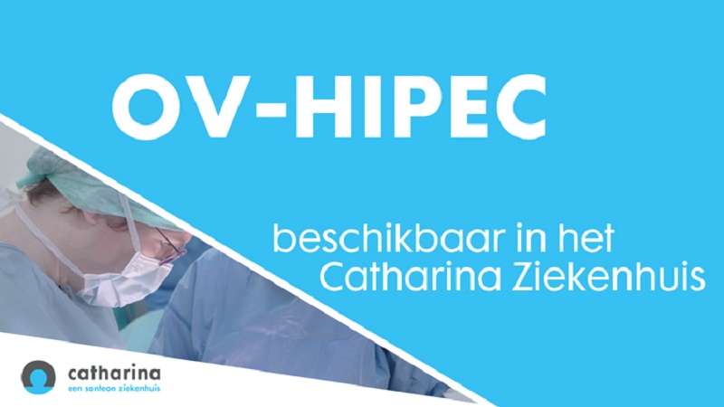 Medisch specialist in OK-kleding links, tekst: OV-HIPEC-behandeling eierstokkanker bij Catharina Ziekenhuis. Logo linksonder.