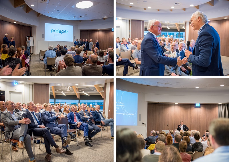 Collage van vier foto's van een zakelijk evenement: conferentie, presentatie met 'prosper', handenschudden en lezing over robotprostaatkankerzorg.
