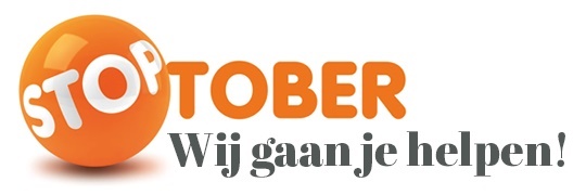 Stoptober-logo: STOP in wit op oranje bol, TOBER in oranje. Eronder staat: Wij gaan je helpen.