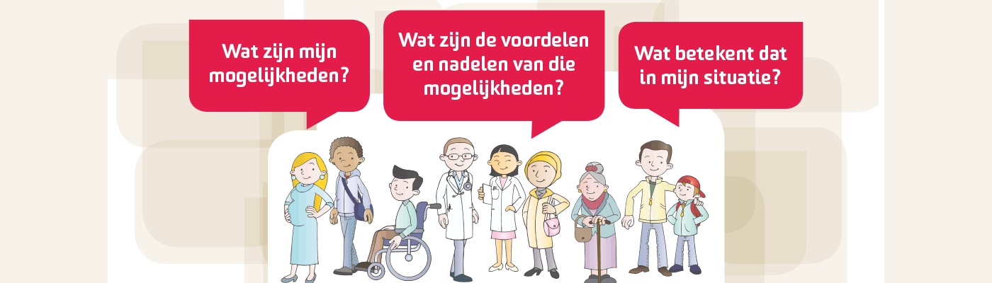 Illustratie van diverse mensen, waaronder een arts en iemand in een rolstoel, met tekstballonnen over samen beslissen.