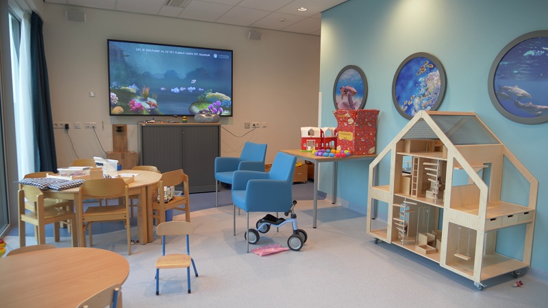 Speelkamer bij het Vrouw Kind Centrum met houten meubeltjes, poppenhuis, speelgoed, tv en blauwe muur met zee-decoratie.