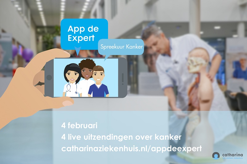 Hand met smartphone met cartoon medische experts en tekstballonnen. Op achtergrond medische handeling. Wereldkankerdag vermeld.
