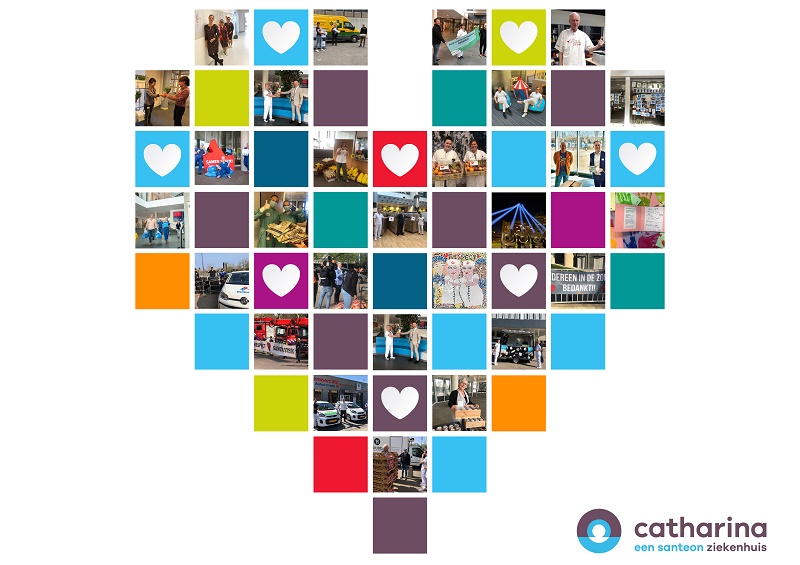 Een hart van gekleurde vierkanten met harten en foto's van mensen. Rechtsonder staan "Dankjewel" en het Catharina Ziekenhuis-logo.