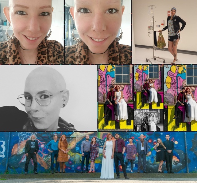 Collage uit 2021 van een vrouw met en zonder haar, soms medische apparatuur, groepsfoto's voor een kleurrijke muur.