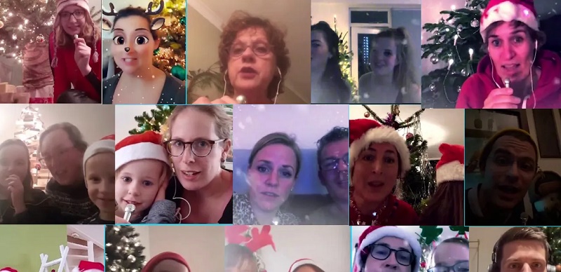 Collage van videogesprekken met medewerkers thuis die kerst vieren met kerstmutsen en versiering, alternatief kerstconcert.
