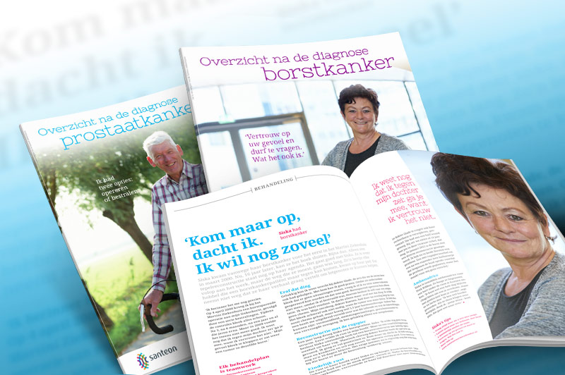 Drie Nederlandstalige Santeon-magazines over prostaat- en borstkanker met lachende ouderen op de cover en het Santeon-logo.