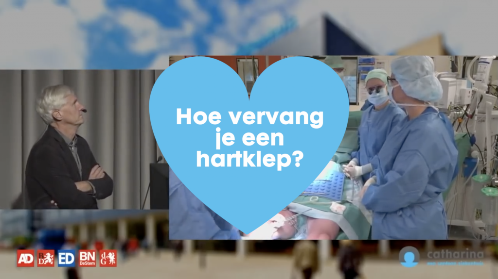Man kijkt naar scherm met operatiekamer; blauwe hartvorm toont tekst: Hoe vervang je een hartklep? Live nieuwe methode te zien.
