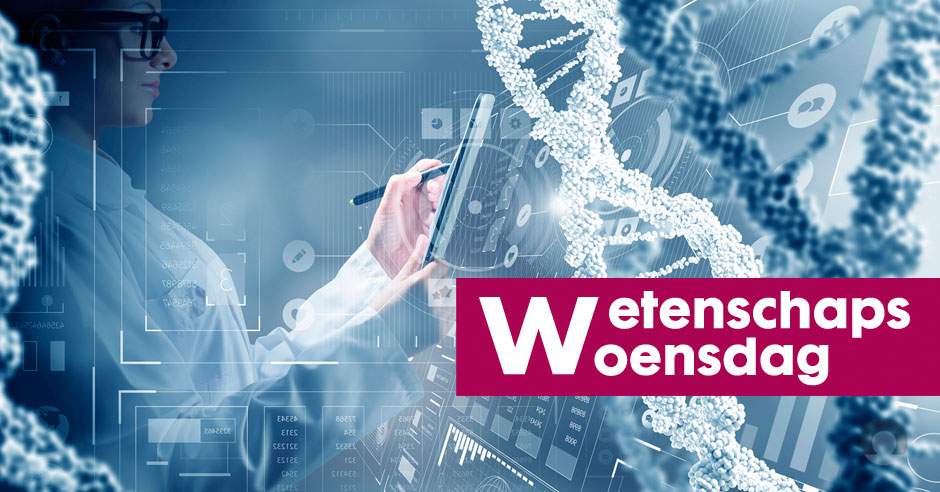 Persoon in labjas gebruikt tablet, met DNA-strengen, datagrafieken en 'bypassoperatie'. Rechts: Wetenschaps Woensdag.