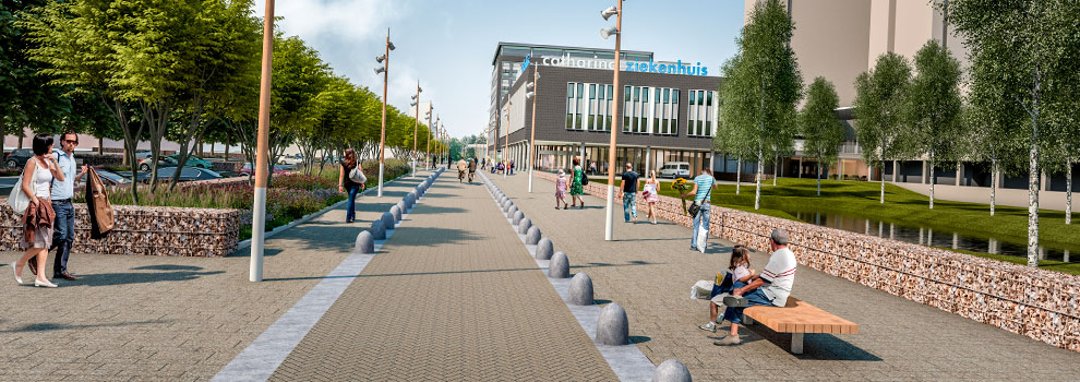 Een betegeld pad met bomen en banken, mensen lopen of zitten, op de achtergrond het Catharina Ziekenhuis onder wolken.