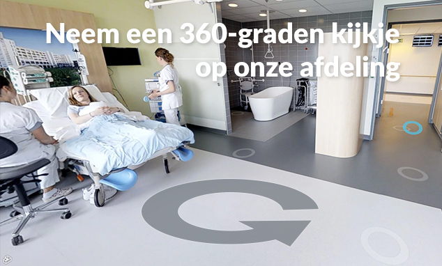 Ziekenhuiskamer Catharina Ziekenhuis met patiënt, twee medewerkers, bad en 360°-icoon op de vloer. Tekst: "Neem een 360-graden kijkje op onze afdeling.