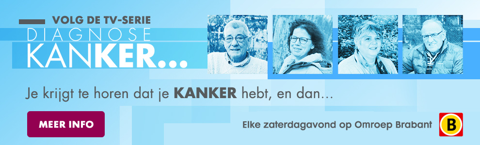 Banner van Diagnose Kanker met vier zwart-wit portretten, blauwe achtergrond met Nederlandse tekst en Omroep Brabant-logo rechtsonder.
