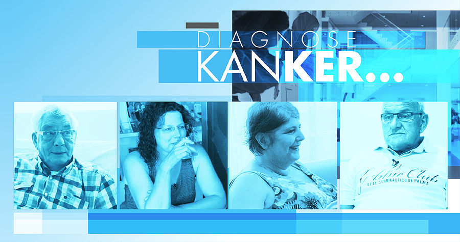 Blauwgetinte collage met bovenaan 'Diagnose Kanker...' en vier oudere volwassenen in portretten uit een Omroep Brabant serie.