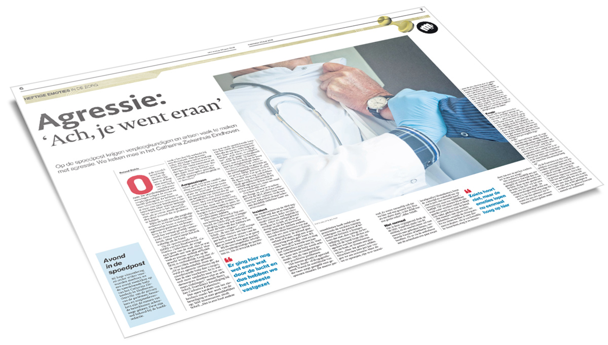 Spread uit Nederlandse krant met kop over agressie in de zorg, afbeelding van arts vastgepakt, tekst over Catharina Ziekenhuis.
