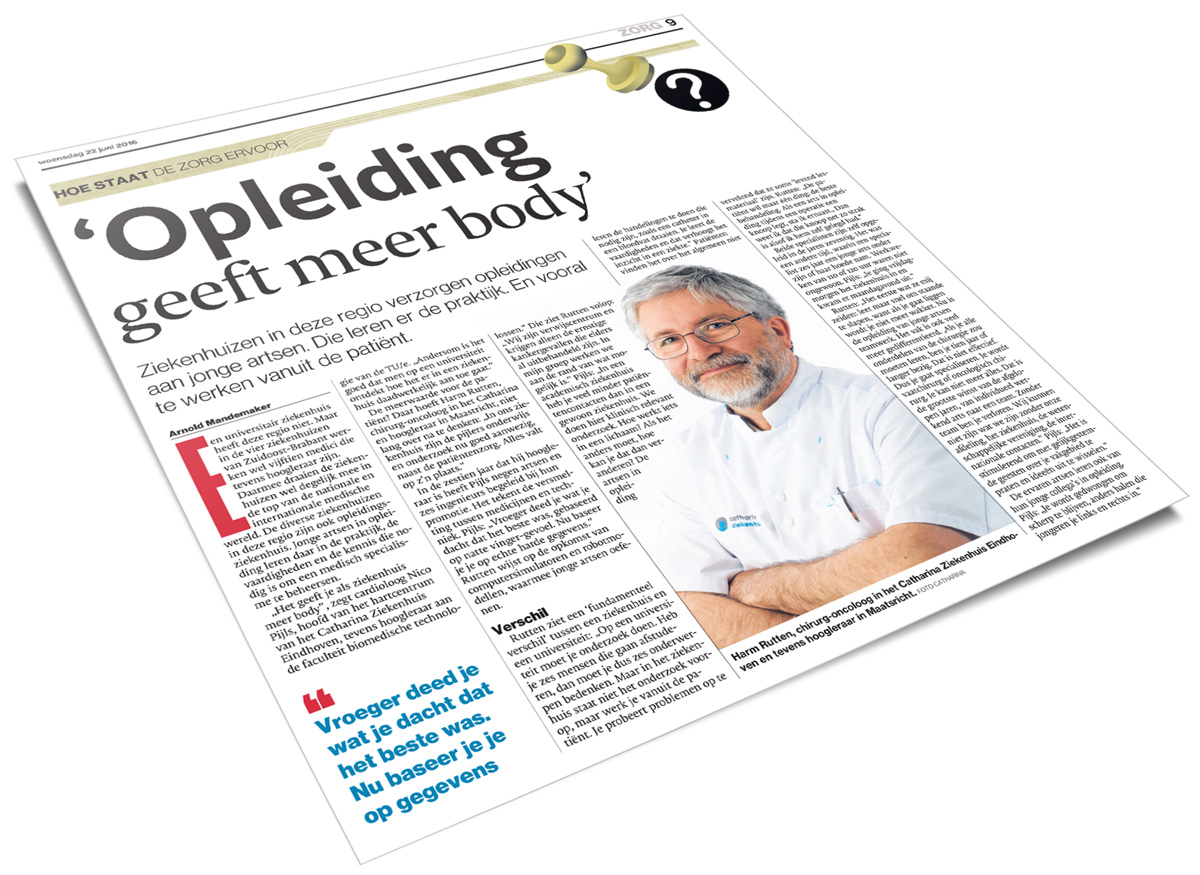 Krantenartikel 'Opleiding geeft meer body' met foto van lachende man in witte jas bij Catharina Ziekenhuis, tekst en citaat.