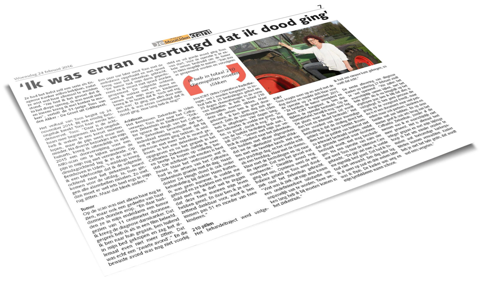 Nederlandstalig artikel met de kop "'Ik was ervan overtuigd dat ik dood ging'." Rechtsboven een vrouw bij een tractor.