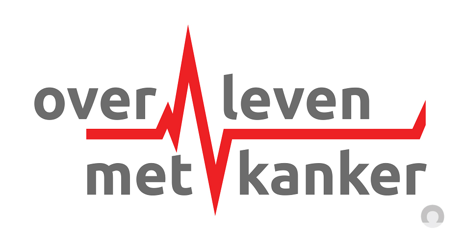 Logo met grijze tekst 'overleven met kanker', rode hartslaglijn door de tekst, op een witte achtergrond.