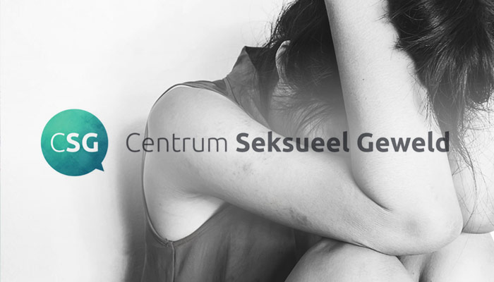 Een persoon zit met het hoofd omlaag en armen om de knieën. Tekst: CSG Centrum Seksueel Geweld en Catharina Ziekenhuis.