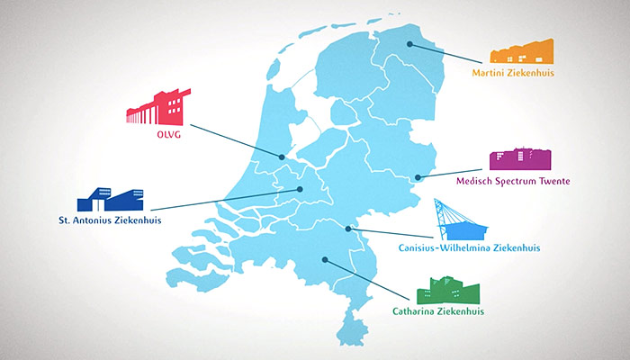 Kaart van Nederland met zes gemarkeerde Santeon ziekenhuizen die samen werken aan zorginnovatie.