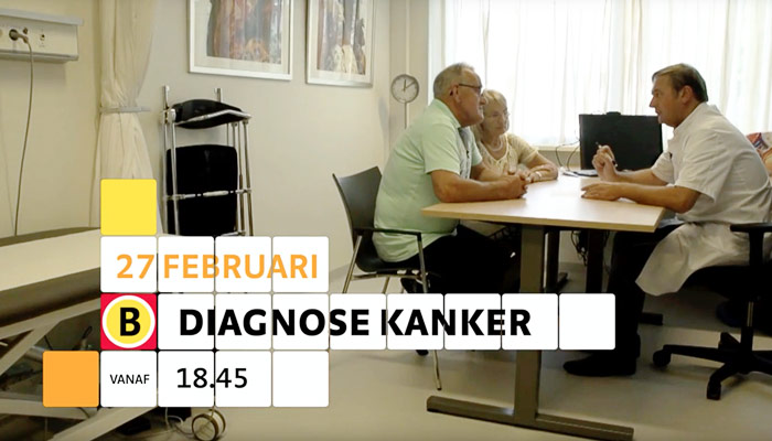 Arts spreekt met ouder stel in spreekkamer. Tekst: Diagnose Kanker, Omroep Brabant, 27 feb om 18:45. Medische apparatuur zichtbaar.